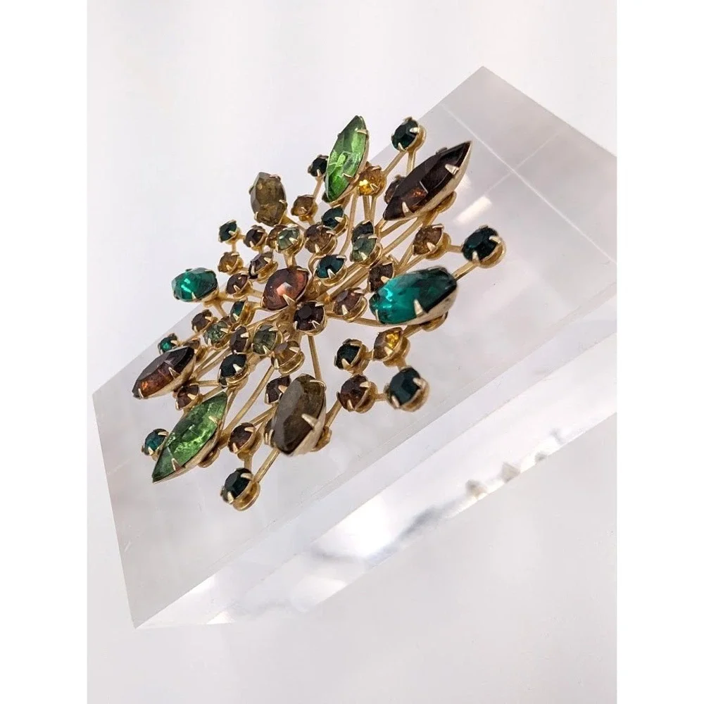 Vintage Rhinestone Sunburst Brooch 3D Layered Gold Tone Earth Colors MCM‎